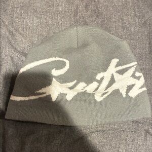 Gray Knit Beanie with White Script